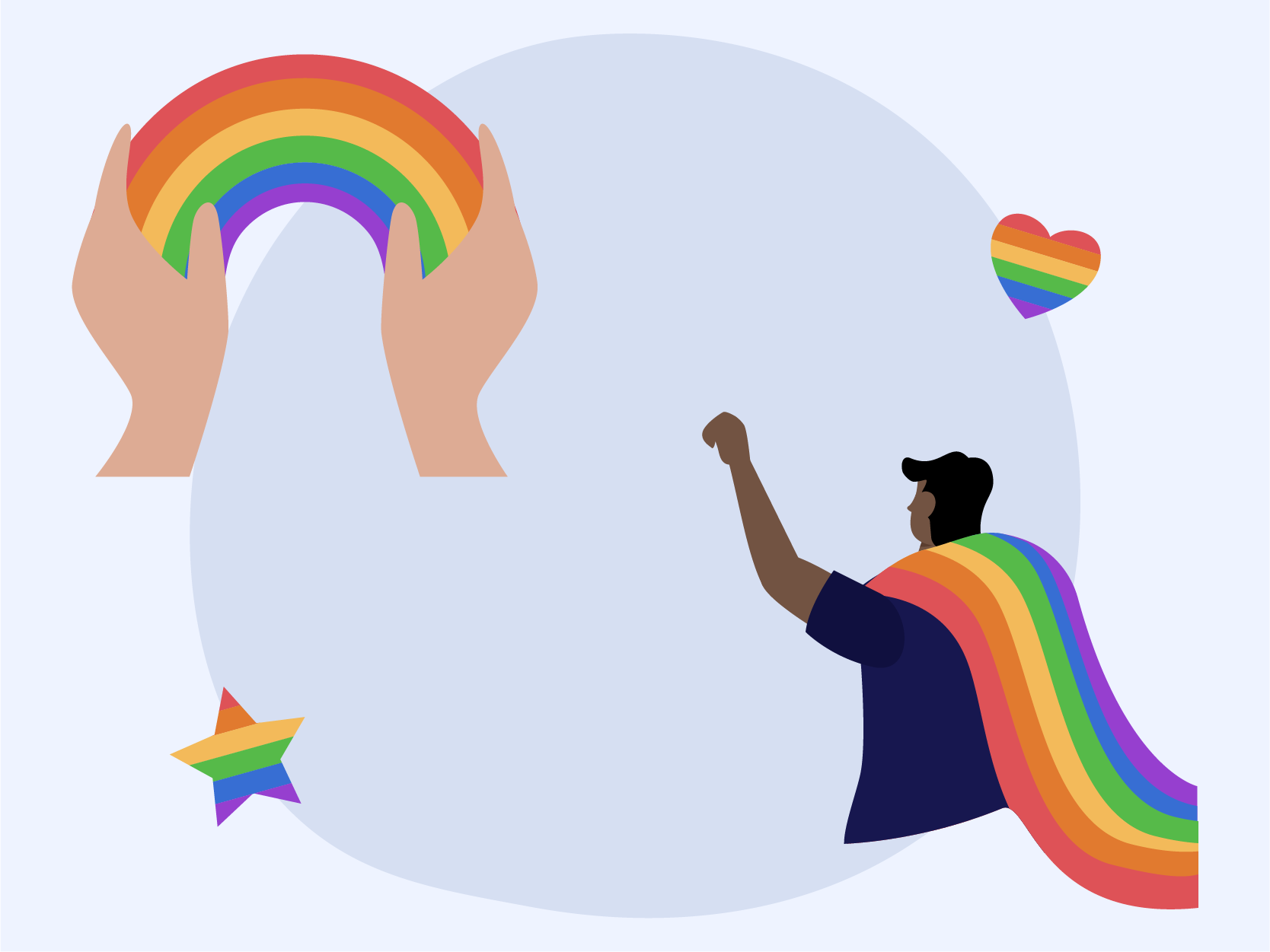Um arco-íris entre duas mãos brancas,uma mulher negra vestida com a bandeira do orgulho LGBTQIA+ diversidade inovação